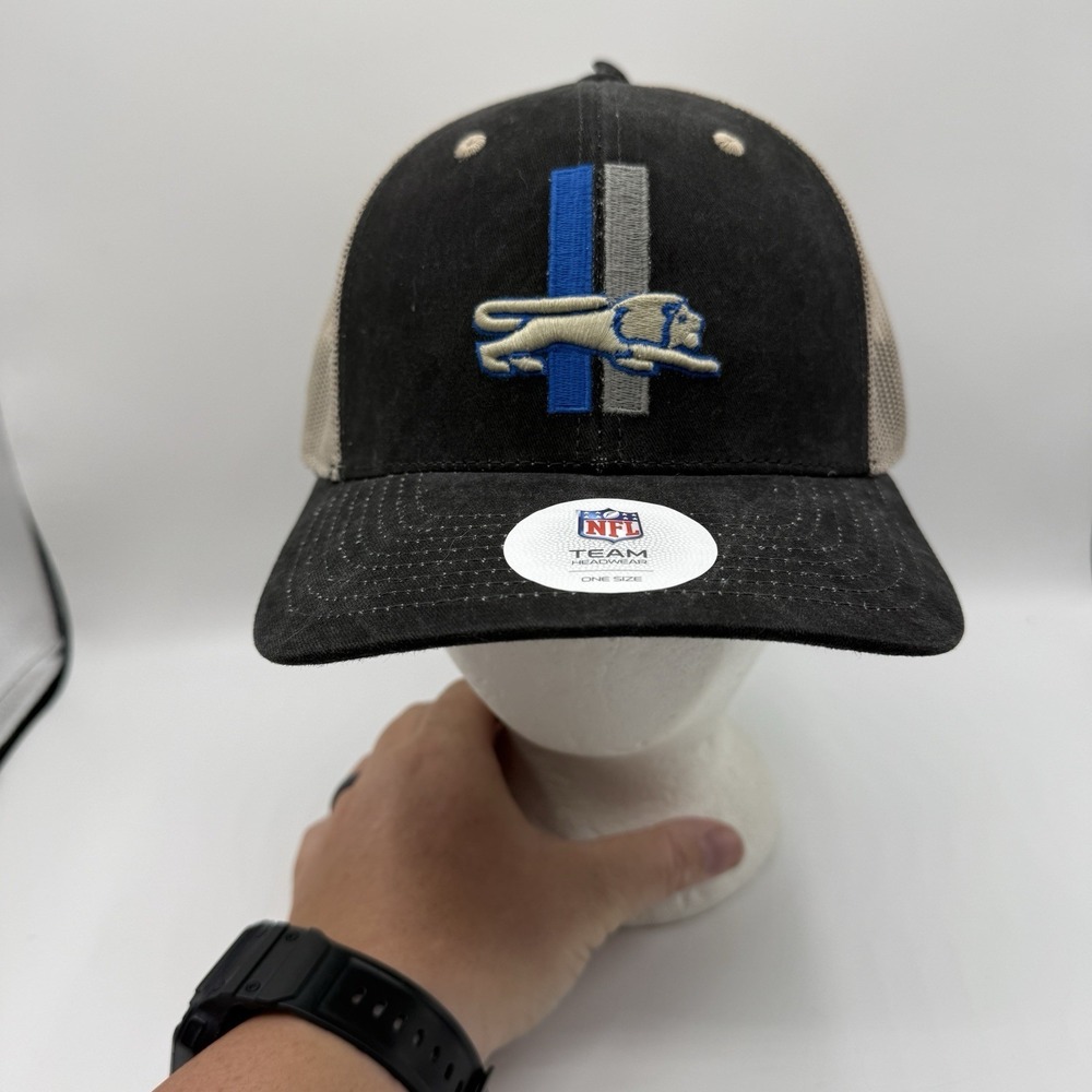 Detroit Lions NFL Team Headwear Trucker Hat Black Tan Mesh Strapback Cap NWT